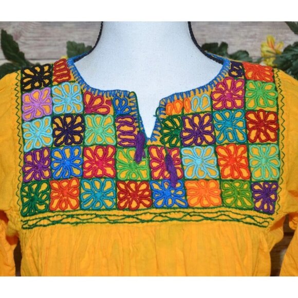 Handmade Yellow Rococo Embroidered Floral Mexican Blouse Tunic Top Size S - Picture 3 of 10